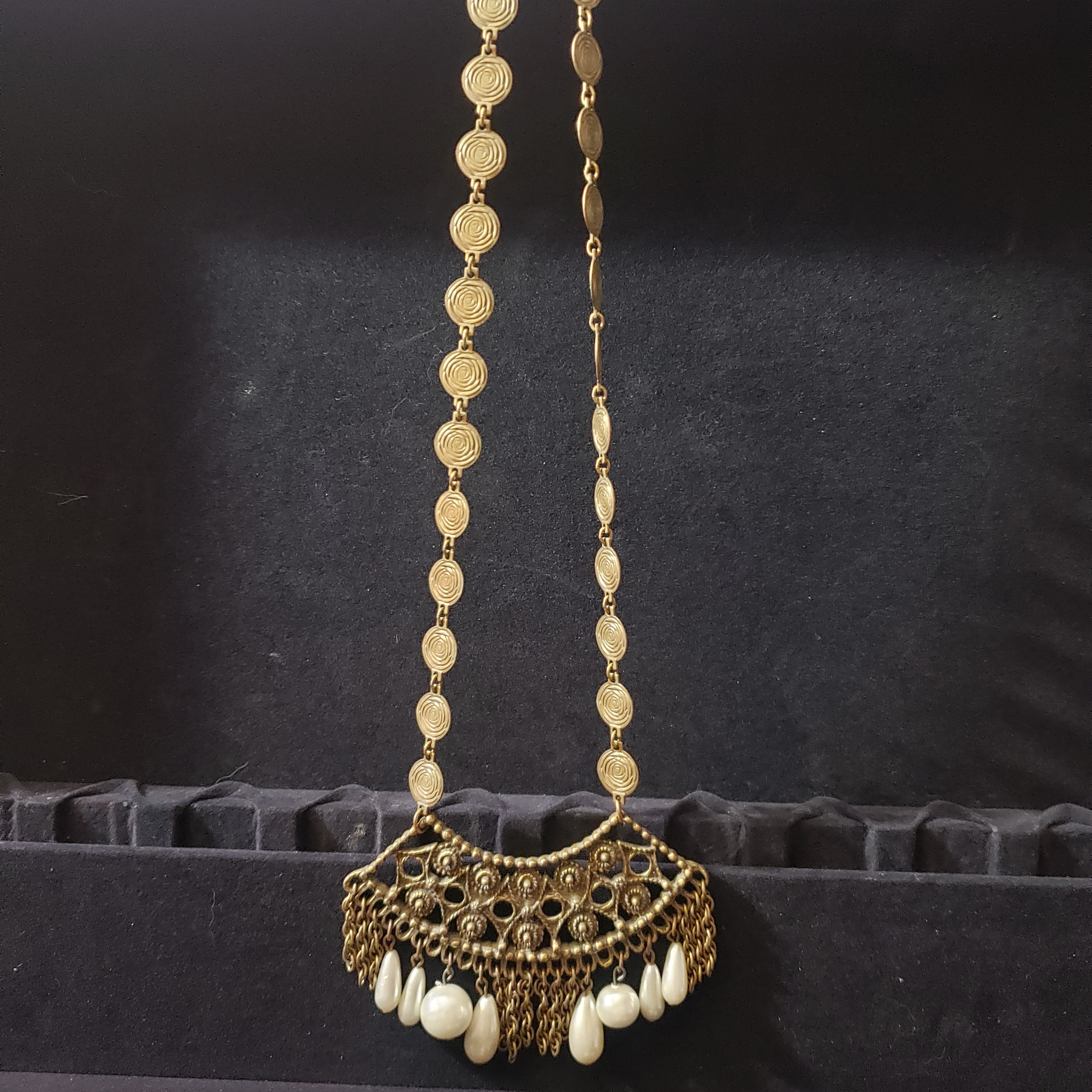 Vintage Castlecliff Necklace Egyptian Revival Coins Tassels Pearls 200$